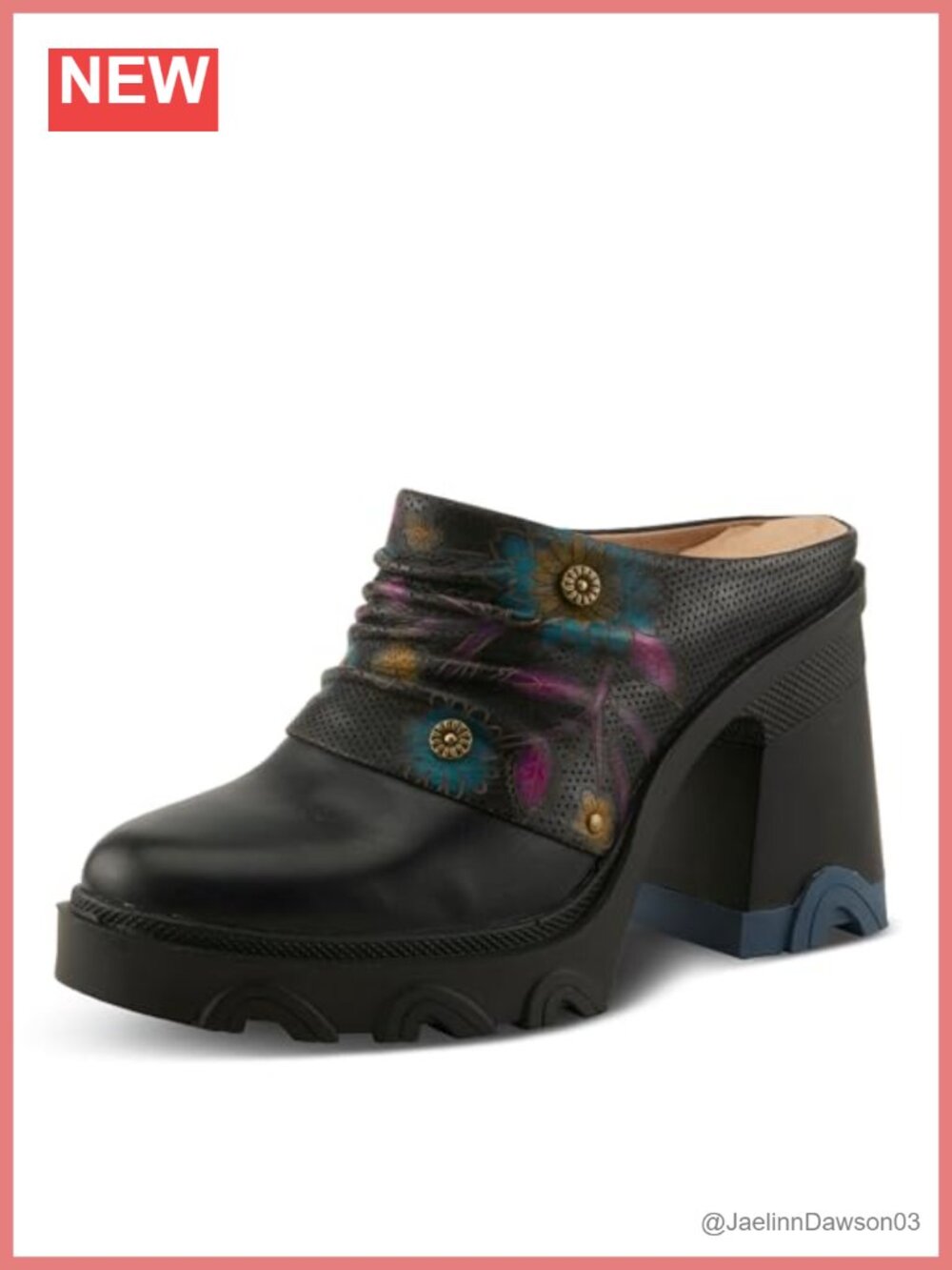 Leather Hand-Painted Floral Block Heel Clog with Side Zipper